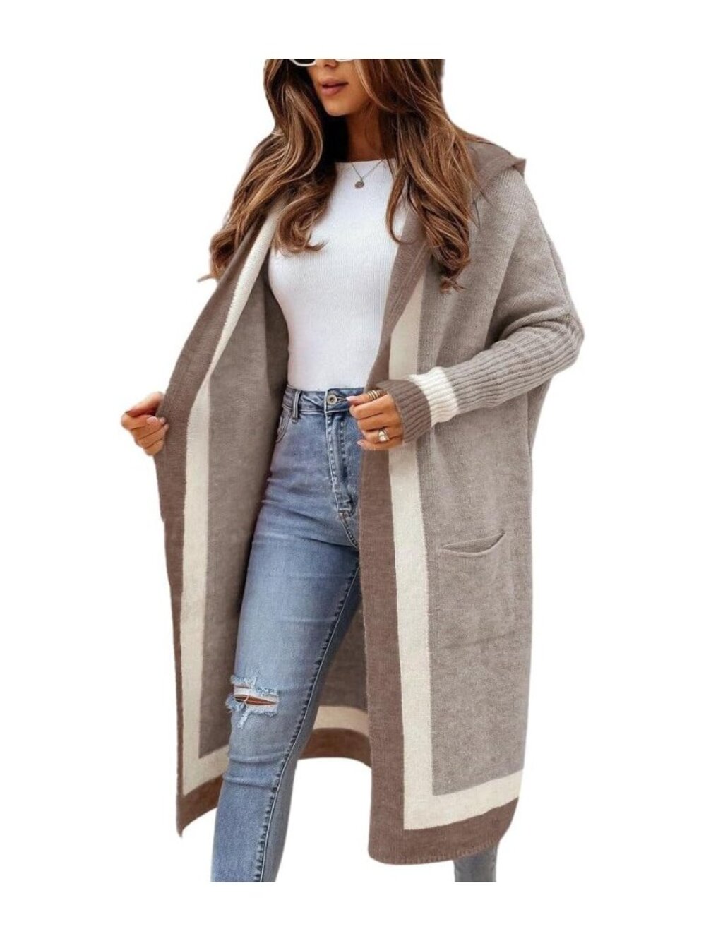 Women's Color Block Striped Hooded Knit Long Cardigan Sweaters Oversized Open